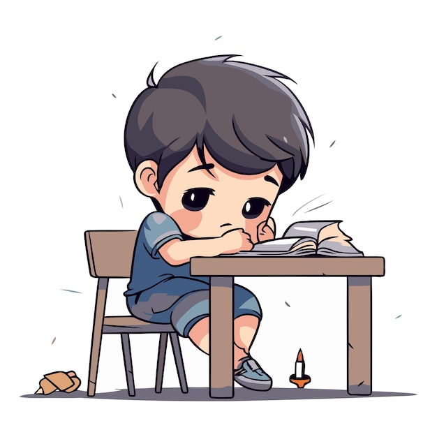 Vector boy sitting at the table and reading a book