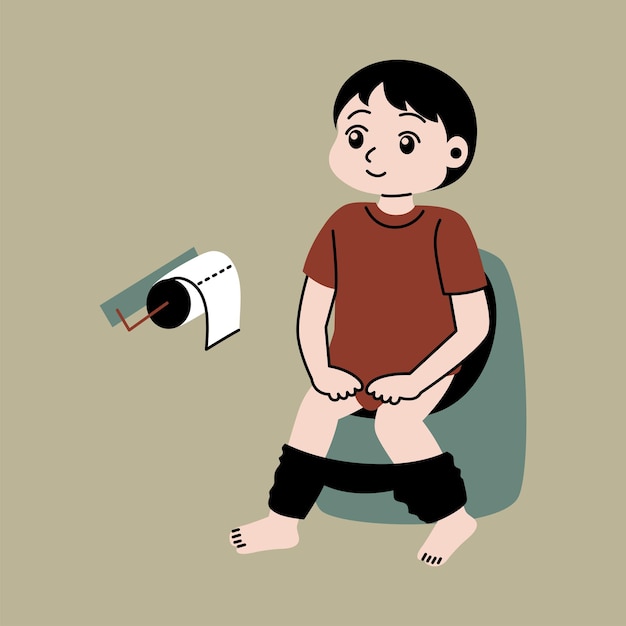 トイレット ペーパーのロールを手にトイレに座っている少年。