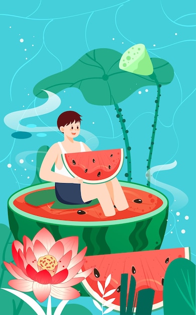 Boy sitting on top of watermelon and eating watermelon with lotus flowers and leaves in background