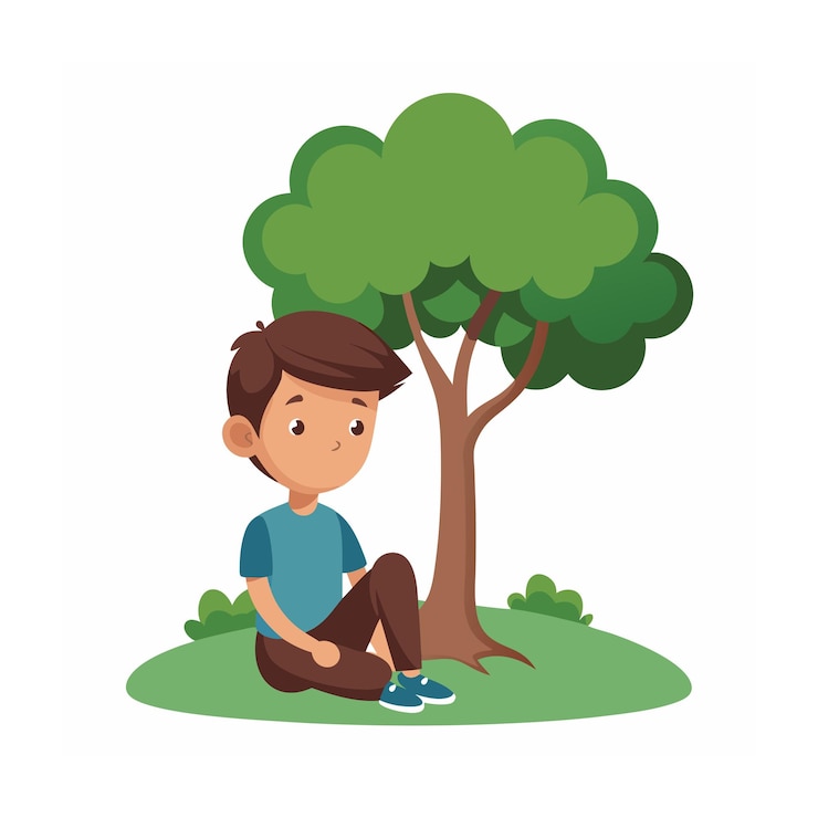 Vector a boy sitting under a tree flat style vector illustration