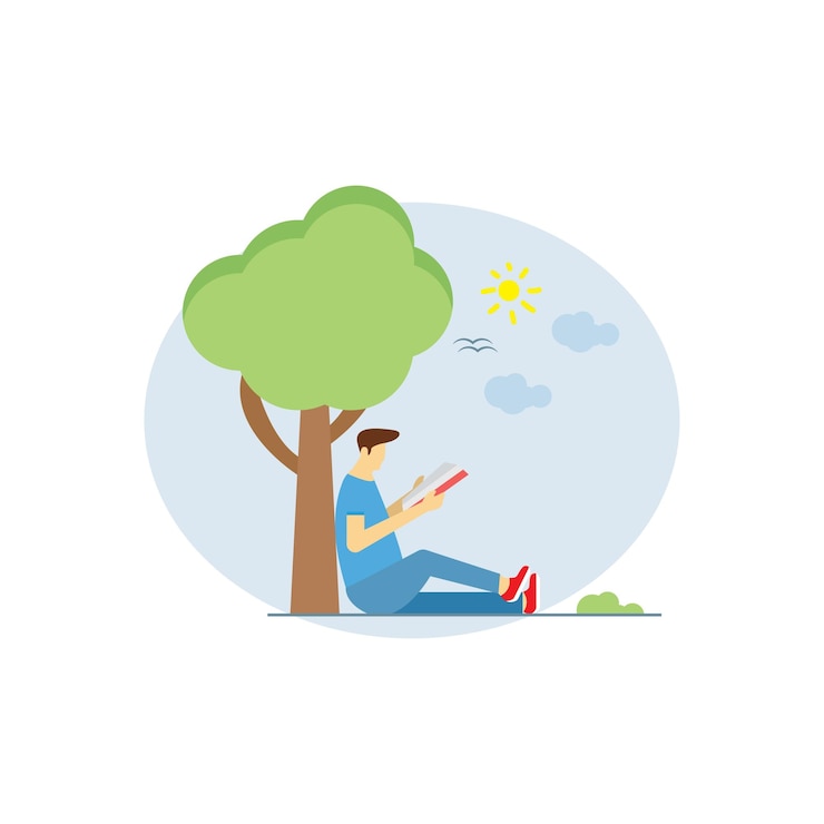 Vector a boy sitting under a tree and reading a book