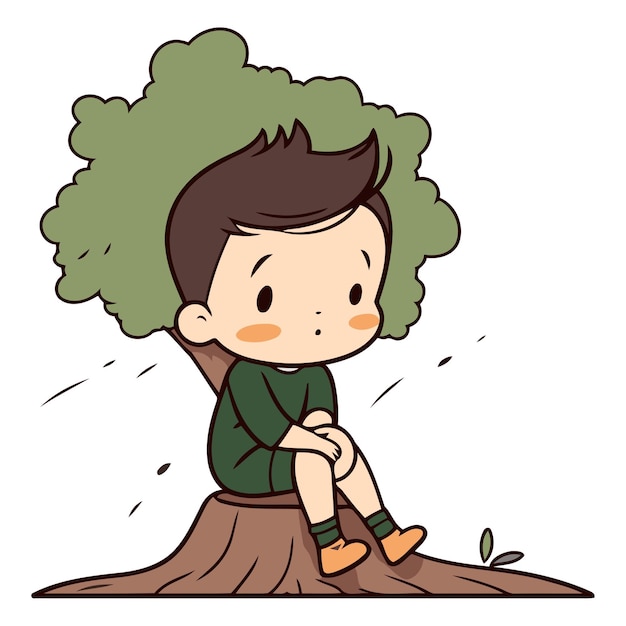 Boy sitting on a tree stump in cartoon style