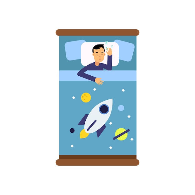 그의 침대에서 자고있는 소년, 흰색 배경에 고립 된 만화 벡터 일러스트 레이 션 위에서보기