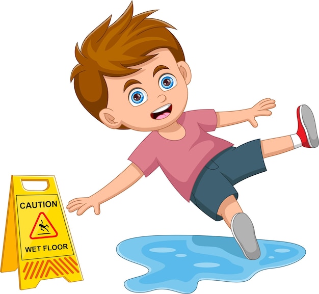 湿った床で滑る少年