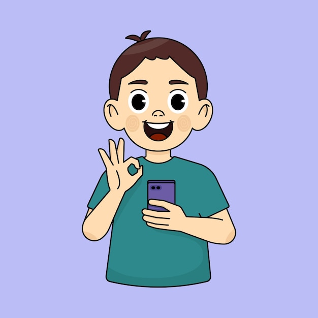 Vector boy smiling holding smartphone other hand showing ok gesture praising good app on smartphone