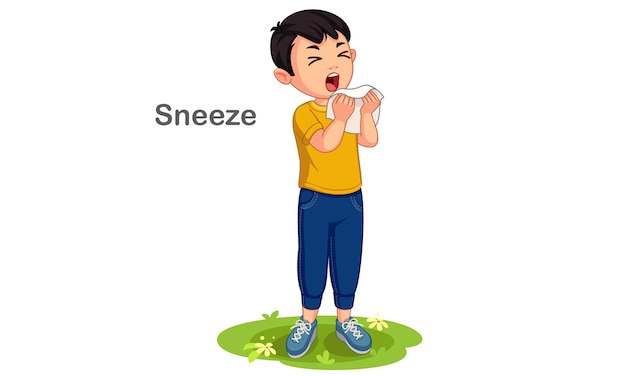 Vector boy sneezing cartoon illustration