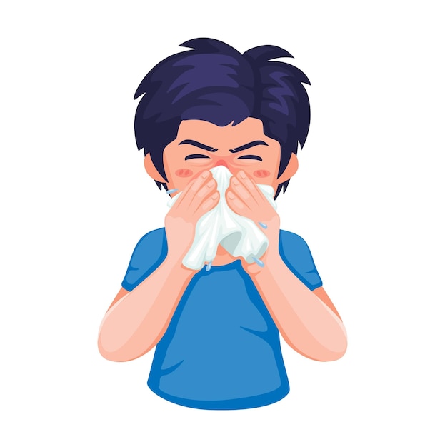 Вектор Мальчик чихает от гриппа и симптомов аллергии символ символа вектор иллюстрации мультфильма