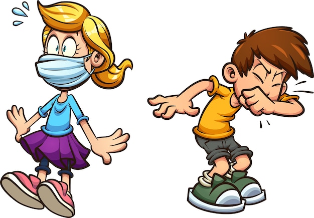 Boy sneezing and scared girl wearing a face mask
