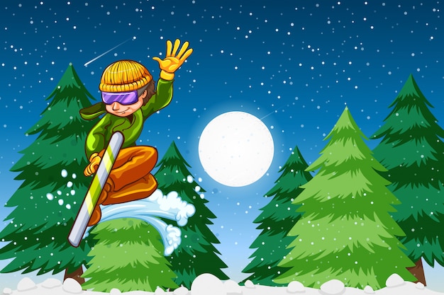 Vector boy snowboarding night time scene