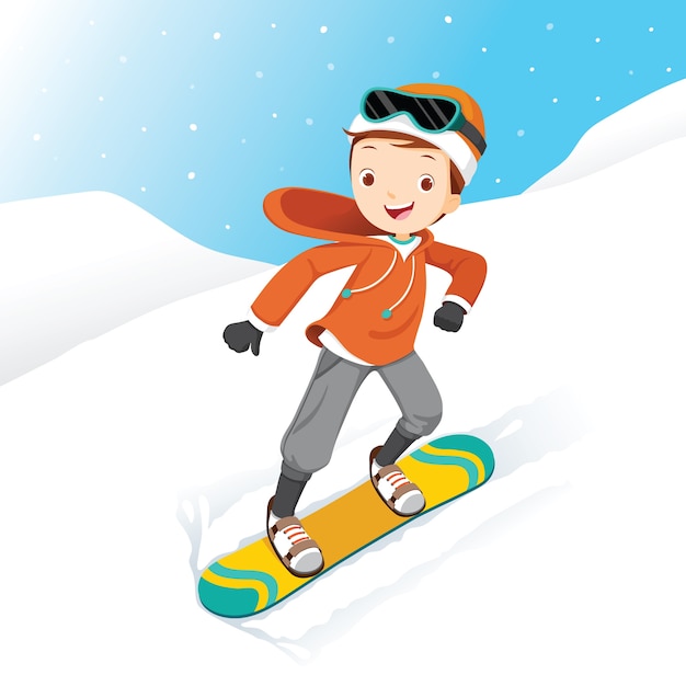Ragazzo snowboard, caduta di neve, stagione invernale