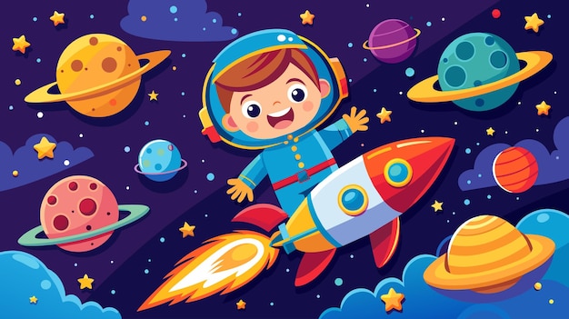 Мальчик в космическом костюме летает на ракете