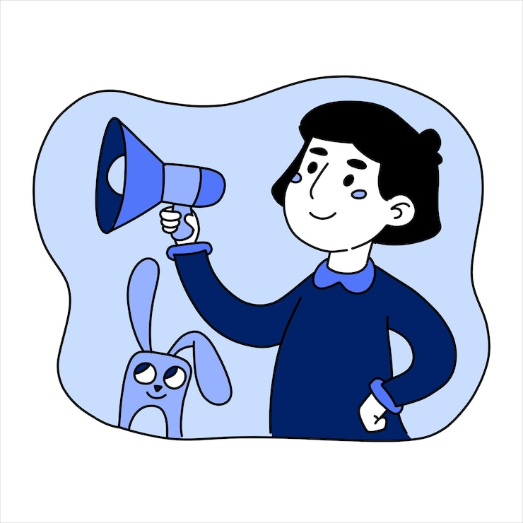 The boy speaks into a bullhorn Loudspeaker announcer presenter voices mouthpiece trumpet Speaking concept Vector illustration in blue color in flat style of the people on a white background