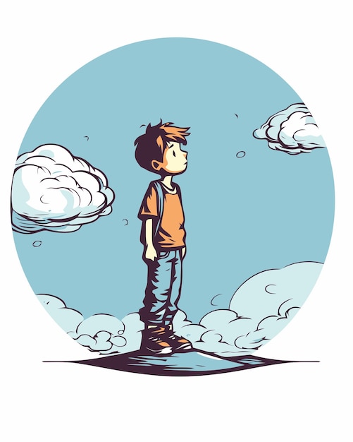 Vector a boy standing in the clouds