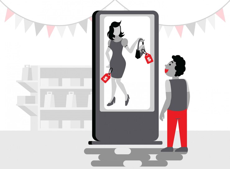 Vector a boy standing in front of kiosk screen to see a product flat illustration