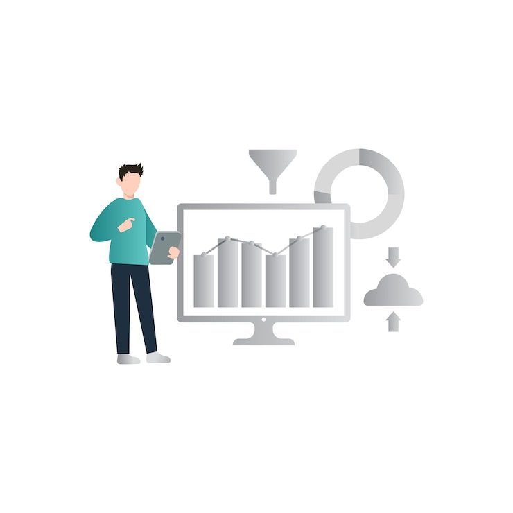 Vector a boy standing and see the bar graphs