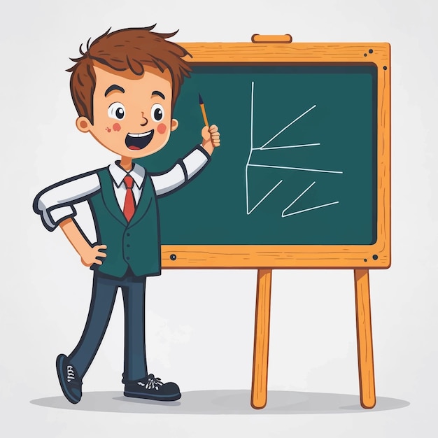 A boy stands in front of the blackboard with a pointer vector illustration white background