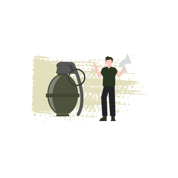 The boy stands next to the grenade