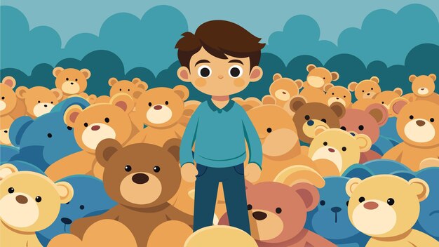 Vector a boy stands in a sea of teddy bears the result of his first donation to a toy drive for