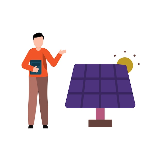 A boy stands next to a solar panel