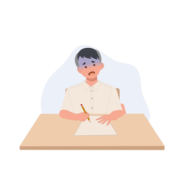 Boy in student Uniform getting worry when doing an exam Student boy can't do the exam stressful worried Asian student Vector illustration