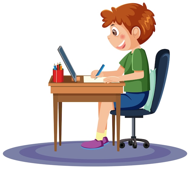Мальчик учится онлайн с планшетом