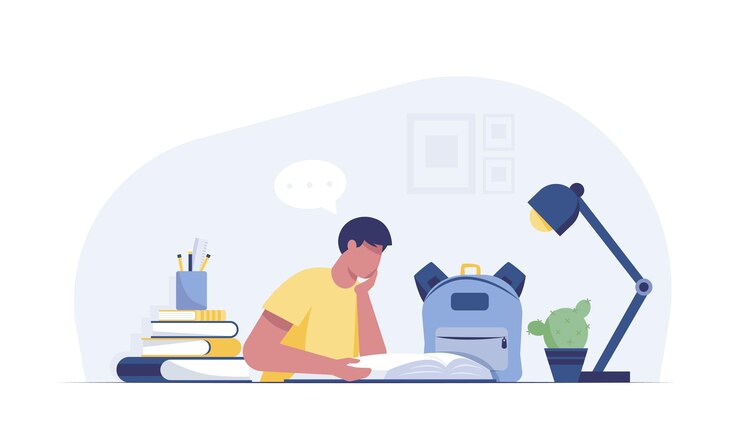 Vector boy studying with a book back to school online education concept vector illustration