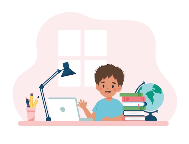 Vector boy studying with computer and books. vector illustration concept in cartoon style