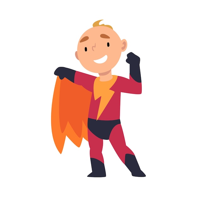 Vector boy in superhero costume dancing cartoon vector illustration