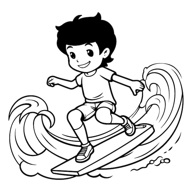 Boy surfing on wave Black and white vector illustration for coloring book