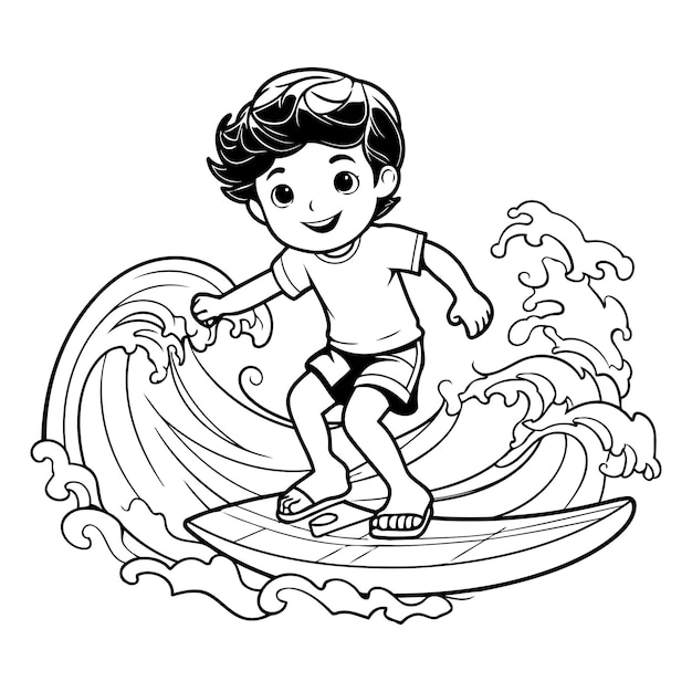 Boy surfing on a wave black and white vector illustration for coloring book