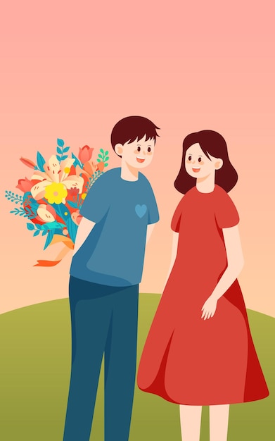 Boy surprises girl with flowers on Valentine's day with trees and plants in the background vector