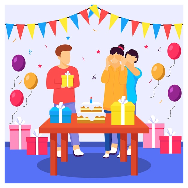 생일에 엄마를 놀라게 하는 소년 아버지가 아내를 위한 선물을 들고 있는 개념 터 아이콘 디자인