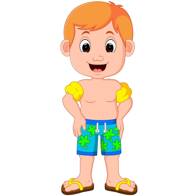 Vector boy swim with inflatable armbands cartoon