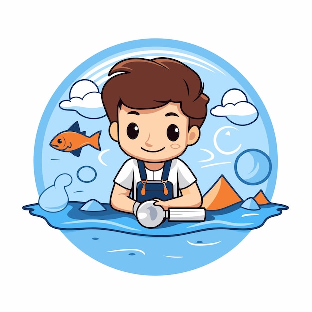 Vector boy swimming in the sea with a toy vector cartoon illustration