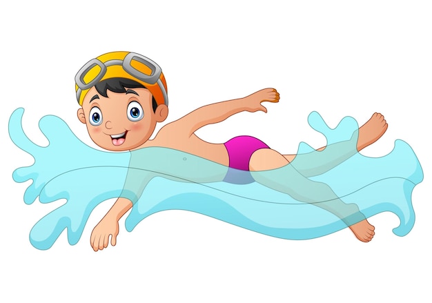 Vector boy swimming with yellow goggles on a white background