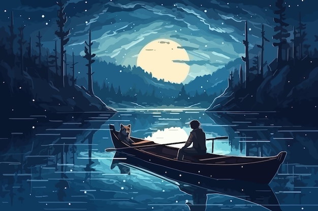 The boy swims on the lake Cartoon colored a boy in a boat a boy in the forest Vector illustration