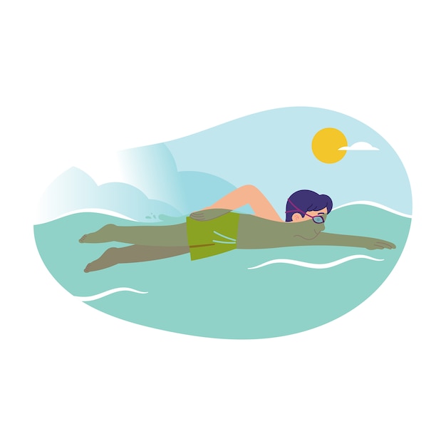 Мальчик в купальных костюмах плавает в бассейне или на море в солнечный день