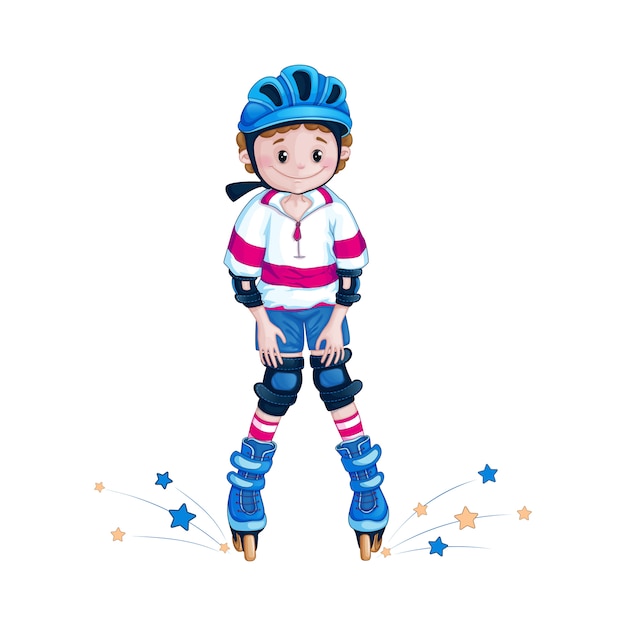 Boy teenager in a helmet knee learns to ride roller skates