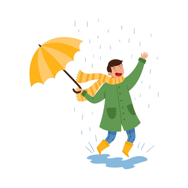boy teenager jumping in puddle in rainy day vector illustration