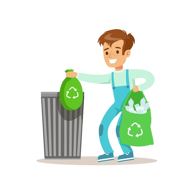 Boy Throwng Away Bin Bags Filled With Plastic Bottles Smiling Cartoon Kid Character Helping With Housekeeping And Doing House Cleanup