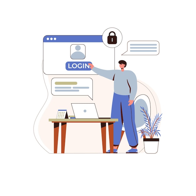 Boy touches the login button, boy enters the account conceptual design ilustration vector