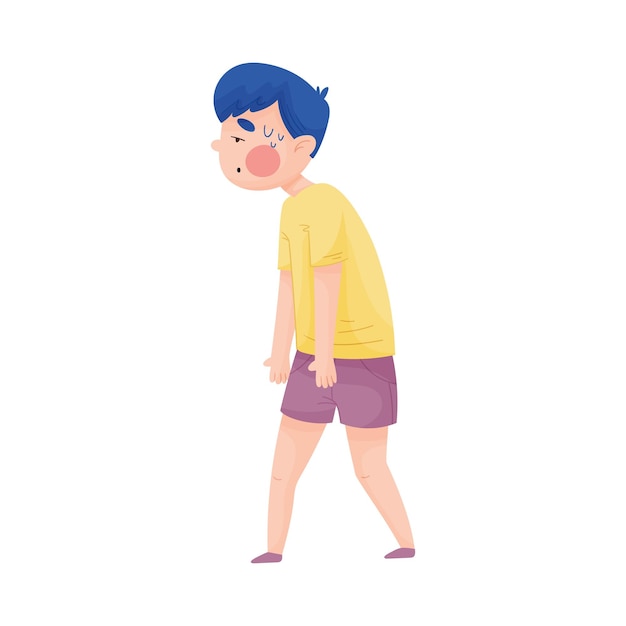 Vector boy in tshirt walking with heavy steps along the street because of hot weather vector illustration