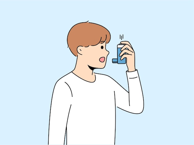 呼吸困難や肺疾患による喘息の発作を治療するために吸入器を使用する少年インフルエンザの患者向けに吸入器を握る子供は危険なウイルスによって引き起こされる咳や発熱の治療を必要としています
