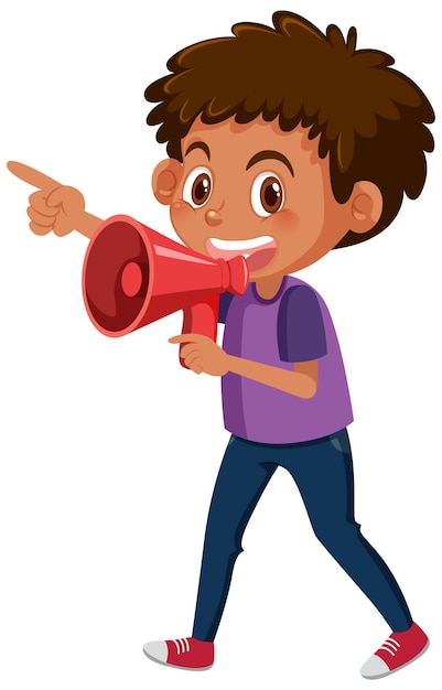 A boy using megaphone in cartoon style