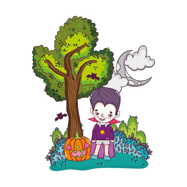 Boy vampire costume and happy pumpkin