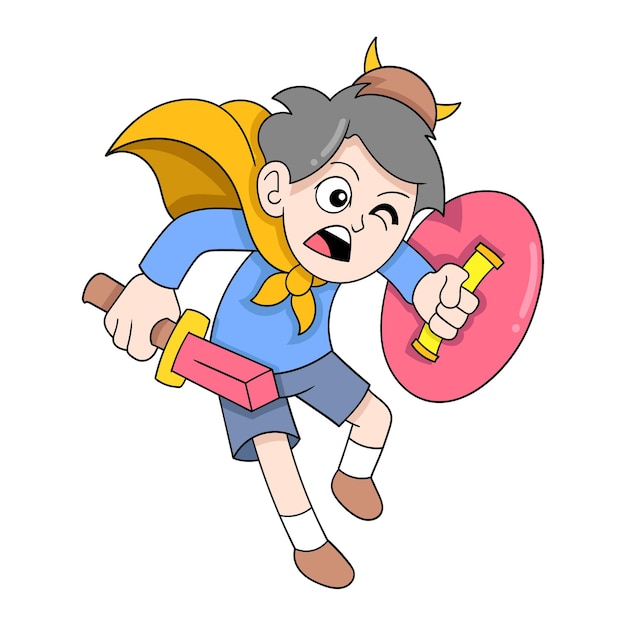 Boy viking warrior carrying sword and shield of war doodle icon image kawaii