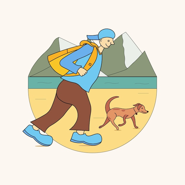 벡터 둥근 풍경 여행 모험과 하이킹 컨셉으로 개와 함께 걷는 소년