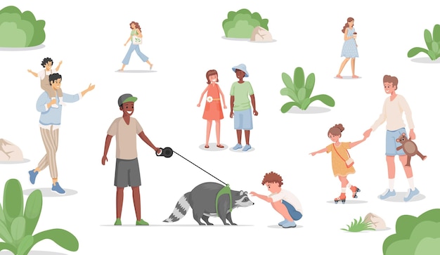 Boy walking with domestic racoon in city park flat illustration.