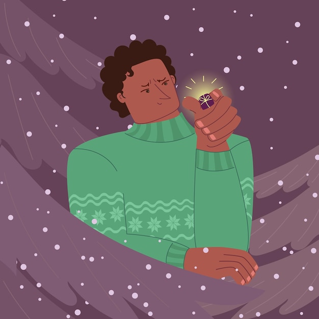 Vector a boy in a warm sweater holds a small gift, cute flat illustration