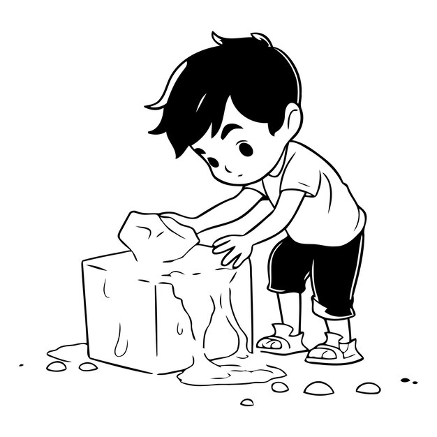 The boy washes the ice cube on white background